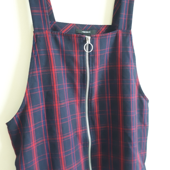 FOREVER 21 / L / Women's Tartan Plaid Pinafore Full Front Zip Mini Dress - Red - Picture 3 of 9